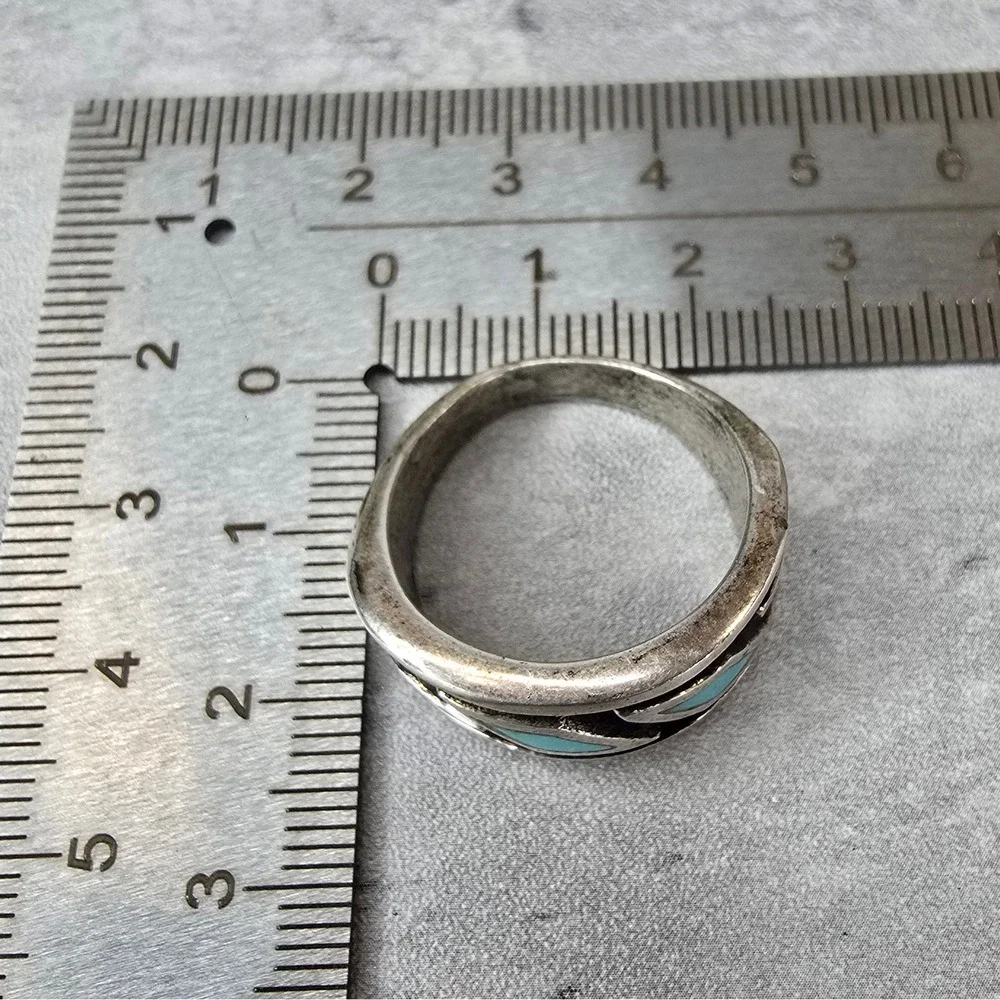 Vintage Southwestern Ring Turquoise Inlay Geometric Band Silver Tone Size 9